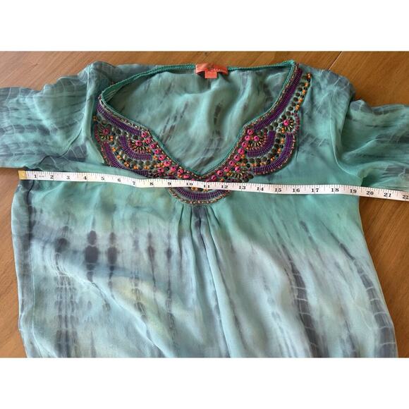 Hale Bob S Cabana Silk Ombre Tie Dye Beaded V-Neck Top Drawstring Waist 37” Bust - Picture 8 of 10
